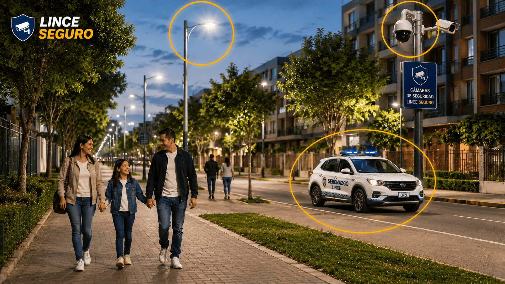 Vecinos de Lince caminando tranquilos con serenazgo, cámaras de seguridad y alumbrado LED
